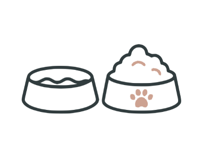 Food and water dish with paw print icon representing kitten nutrition and feeding schedule.