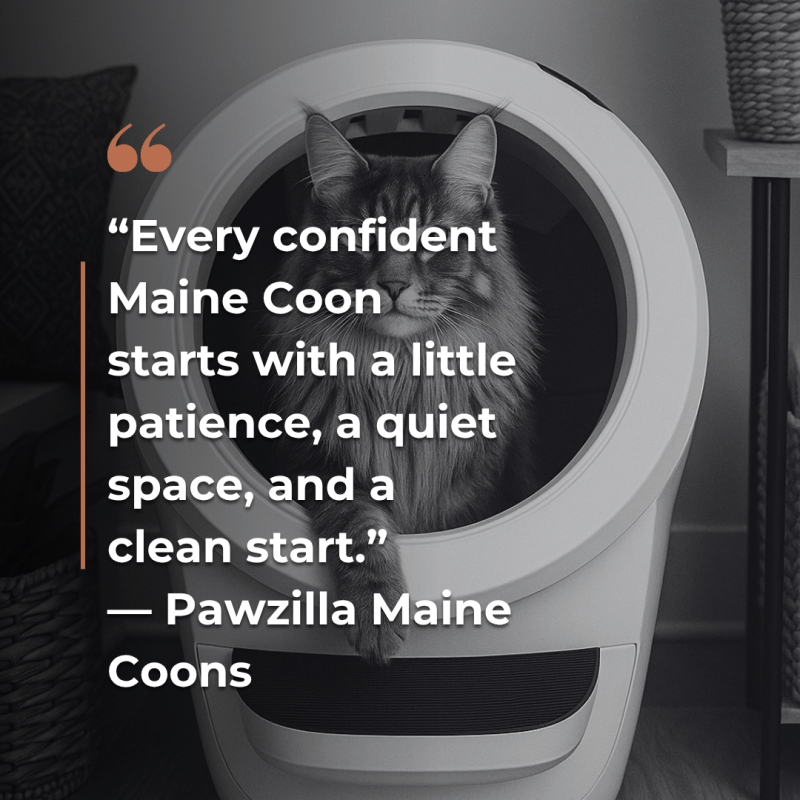 A Maine Coon cat sitting proudly inside a modern Litter-Robot litter box in a cozy home corner, with a quote overlay that reads “Every confident Maine Coon starts with a little patience, a quiet space, and a clean start.” — Pawzilla Maine Coons.