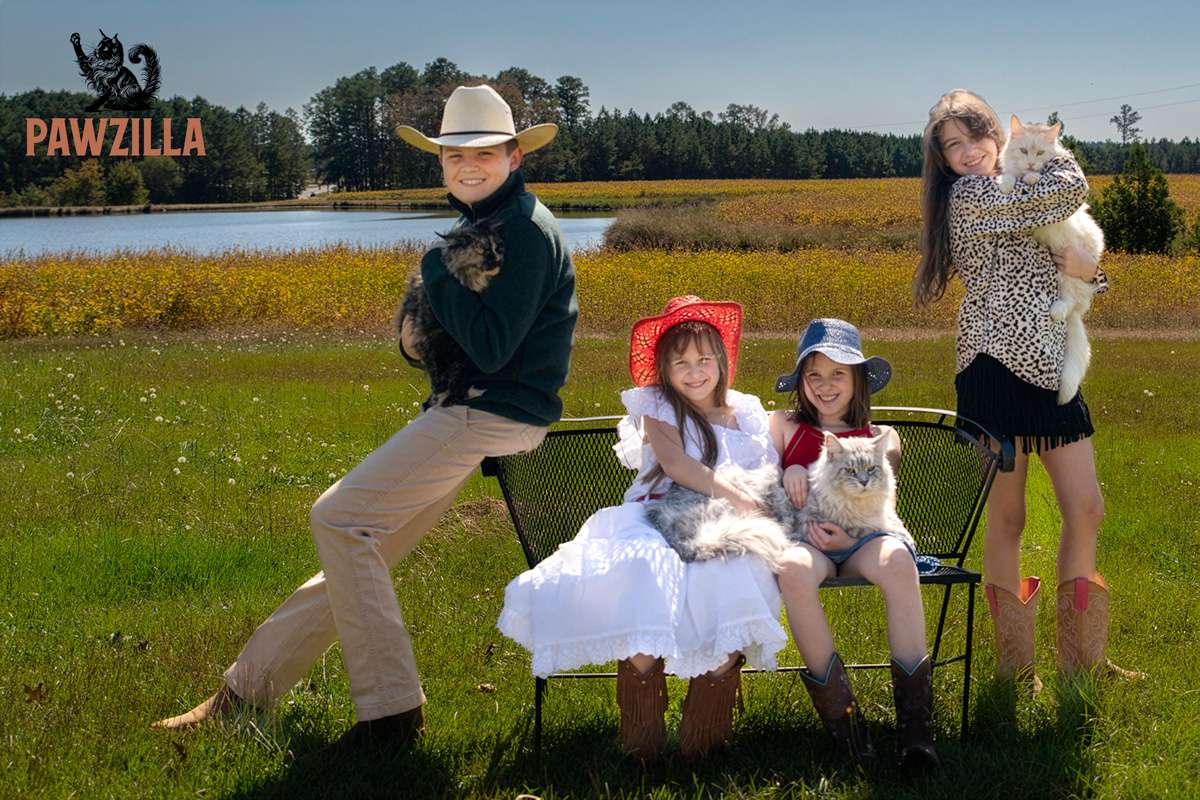 Collins family children sitting outdoors holding Maine Coon cats with a Pawzilla logo in the corner, showcasing the family-raised and well-socialized nature of Pawzilla Maine Coons.